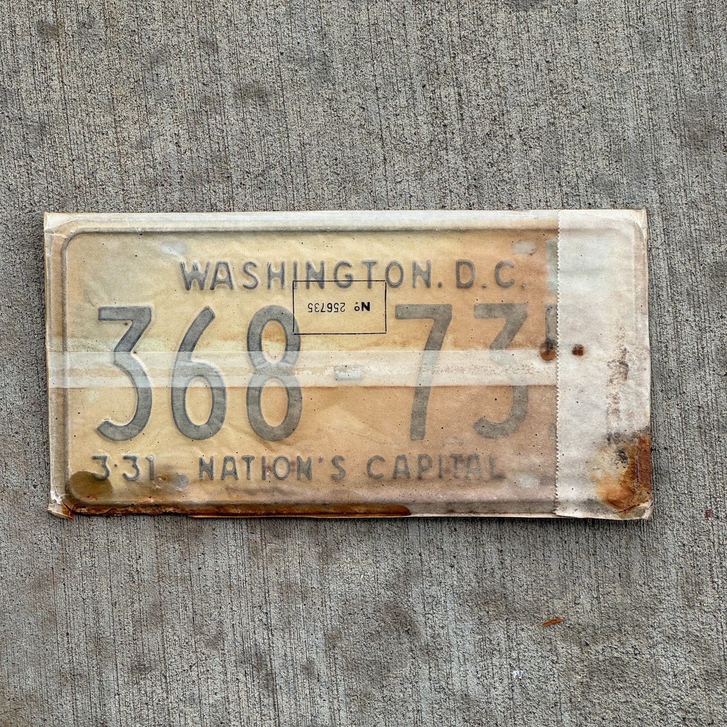Photo of a 1967 1968 Washington DC License Plate Pair Auto Tag Garage Decor Vintage with Envelope 368 735 with original patina