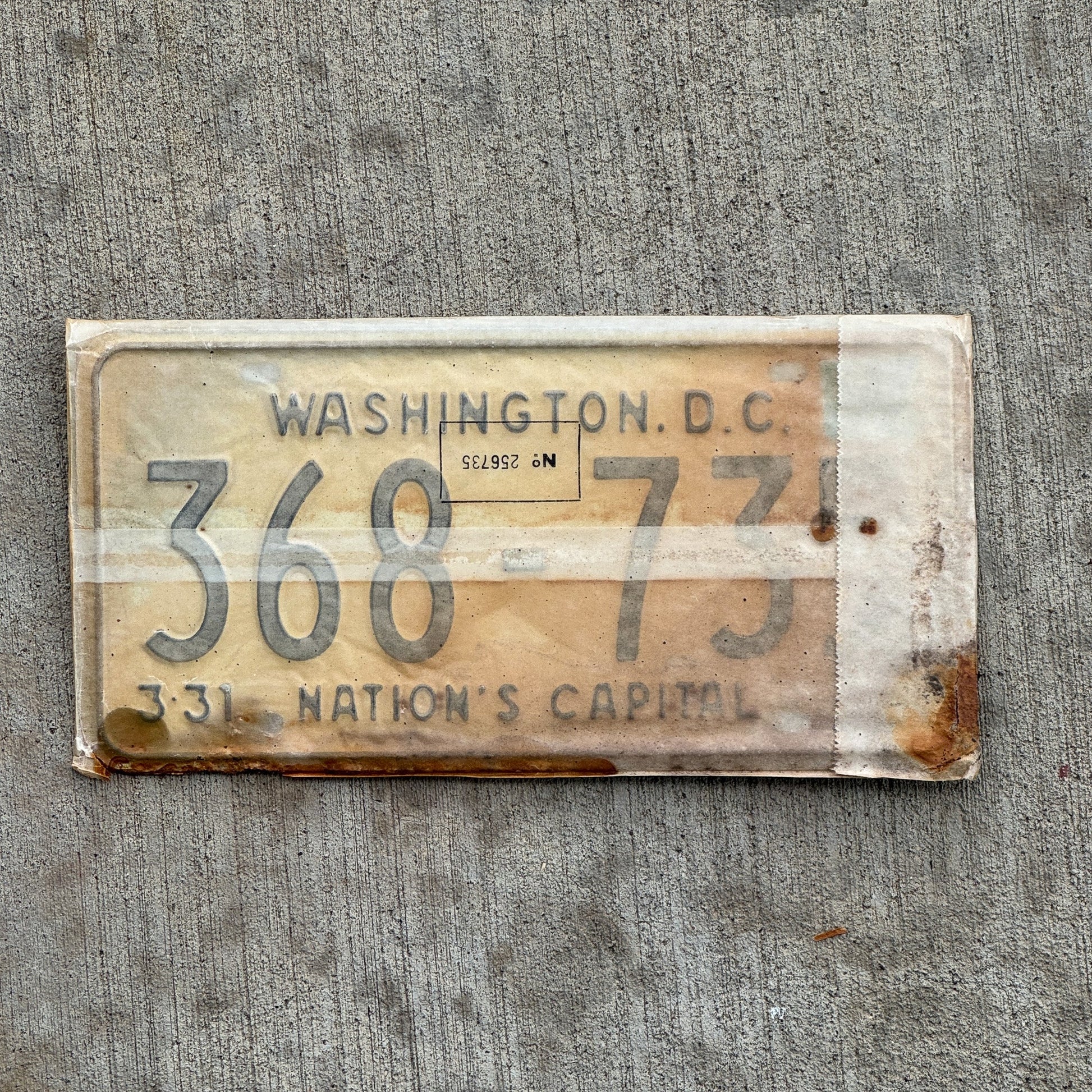 Photo of a 1967 1968 Washington DC License Plate Pair Auto Tag Garage Decor Vintage with Envelope 368 735 with original patina
