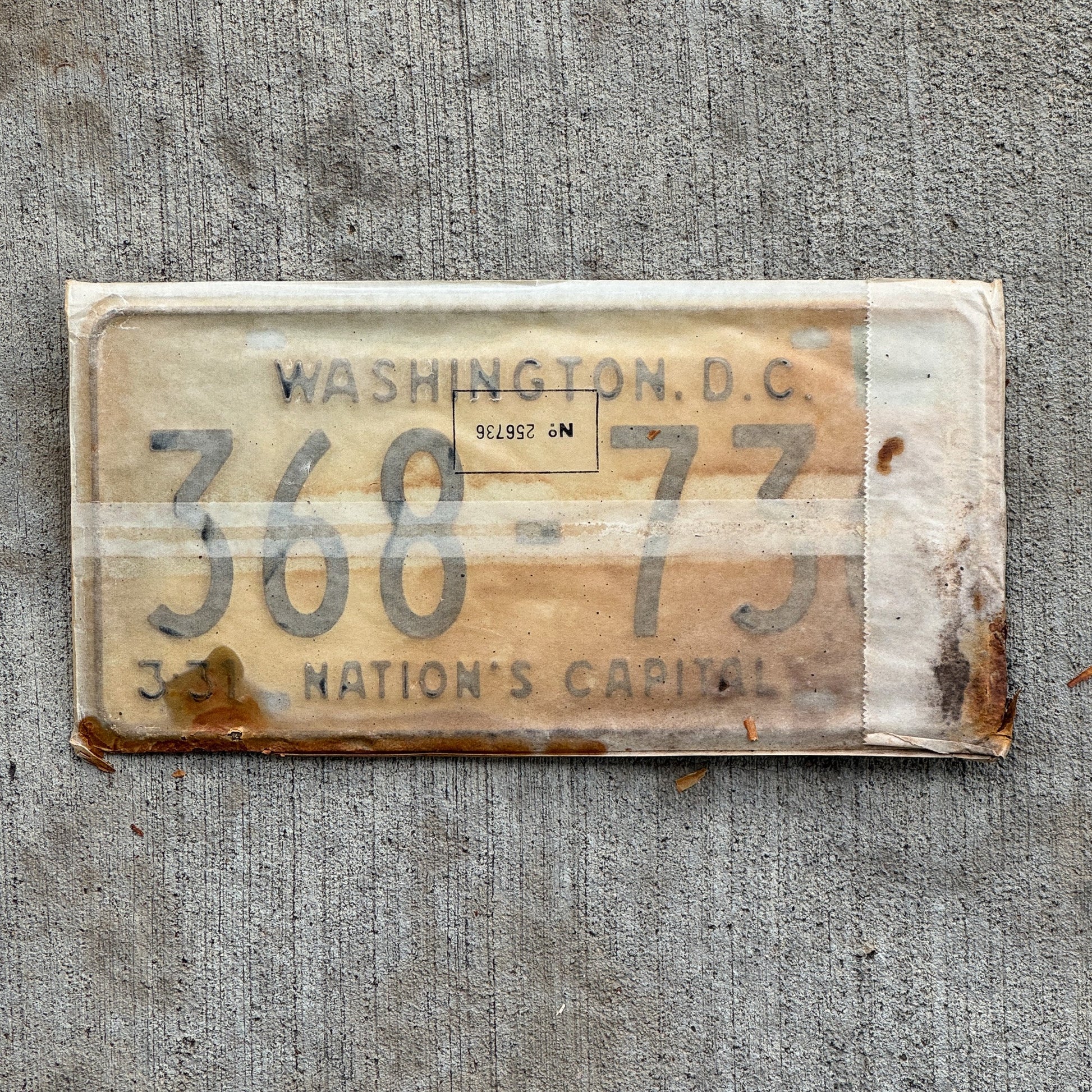 Photo of a 1967 1968 Washington DC License Plate Pair Auto Tag Garage Decor Vintage with Envelope 368 736 with original patina