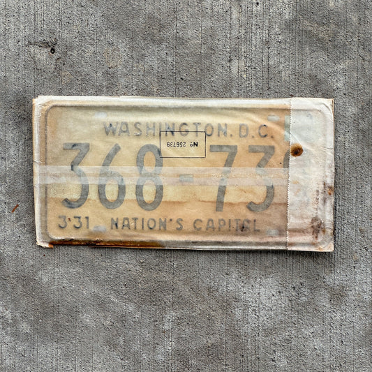 Photo of a 1967 1968 Washington DC License Plate Pair Auto Tag Garage Decor Vintage with Envelope 368 739 with original patina