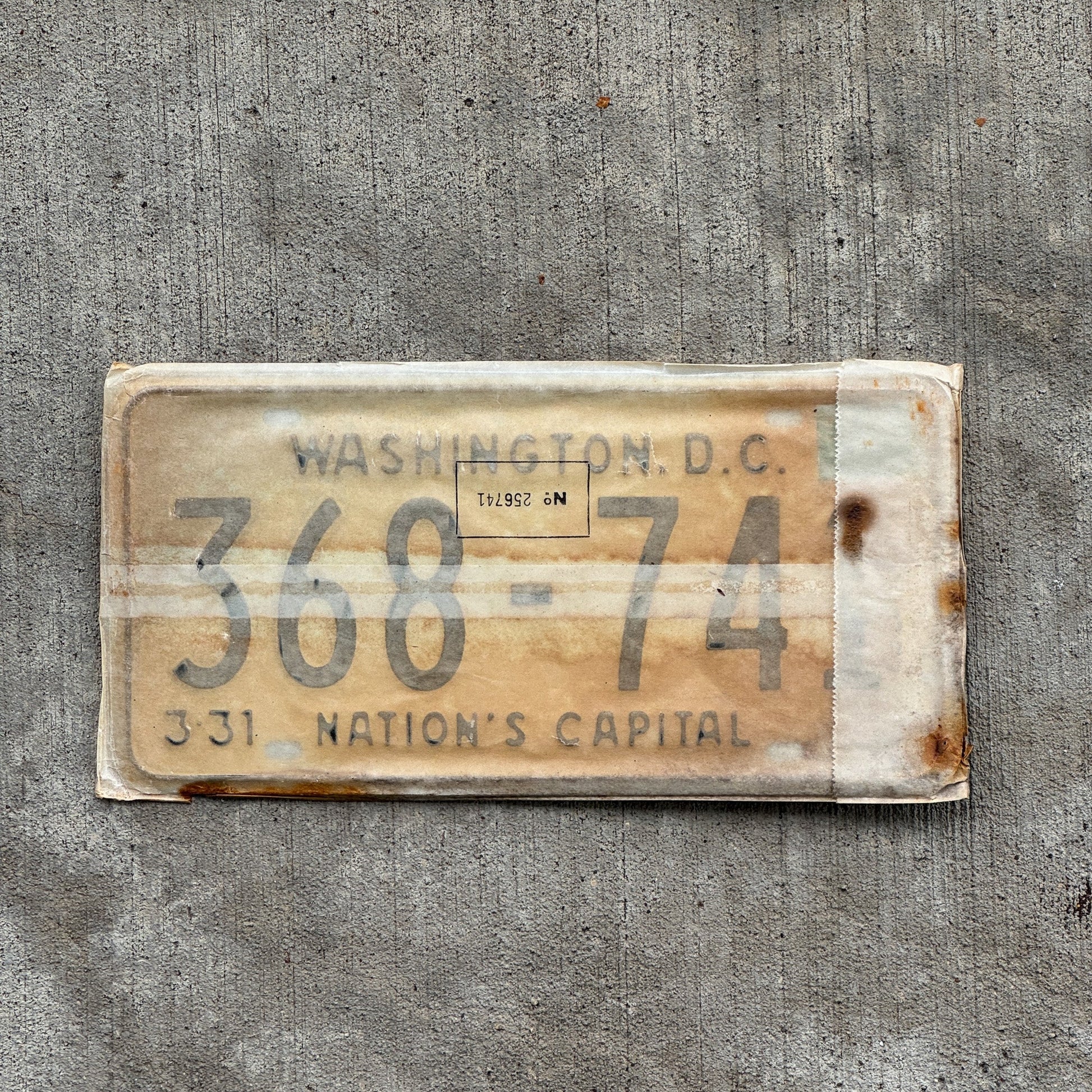 Photo of a 1967 1968 Washington DC License Plate Pair Auto Tag Garage Decor Vintage with Envelope 368 741 with original patina