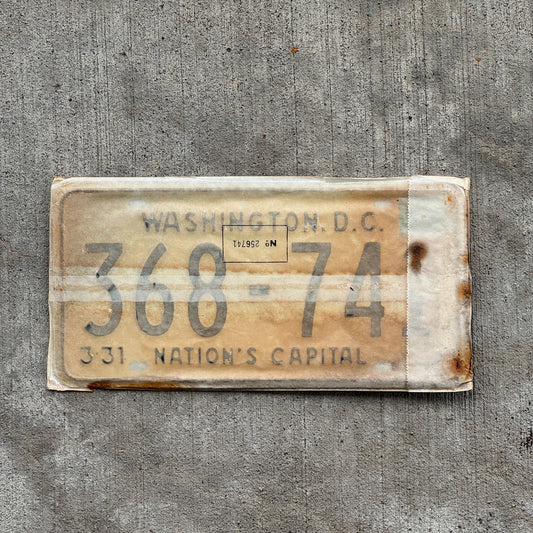 Photo of a 1967 1968 Washington DC License Plate Pair Auto Tag Garage Decor Vintage with Envelope 368 741 with original patina