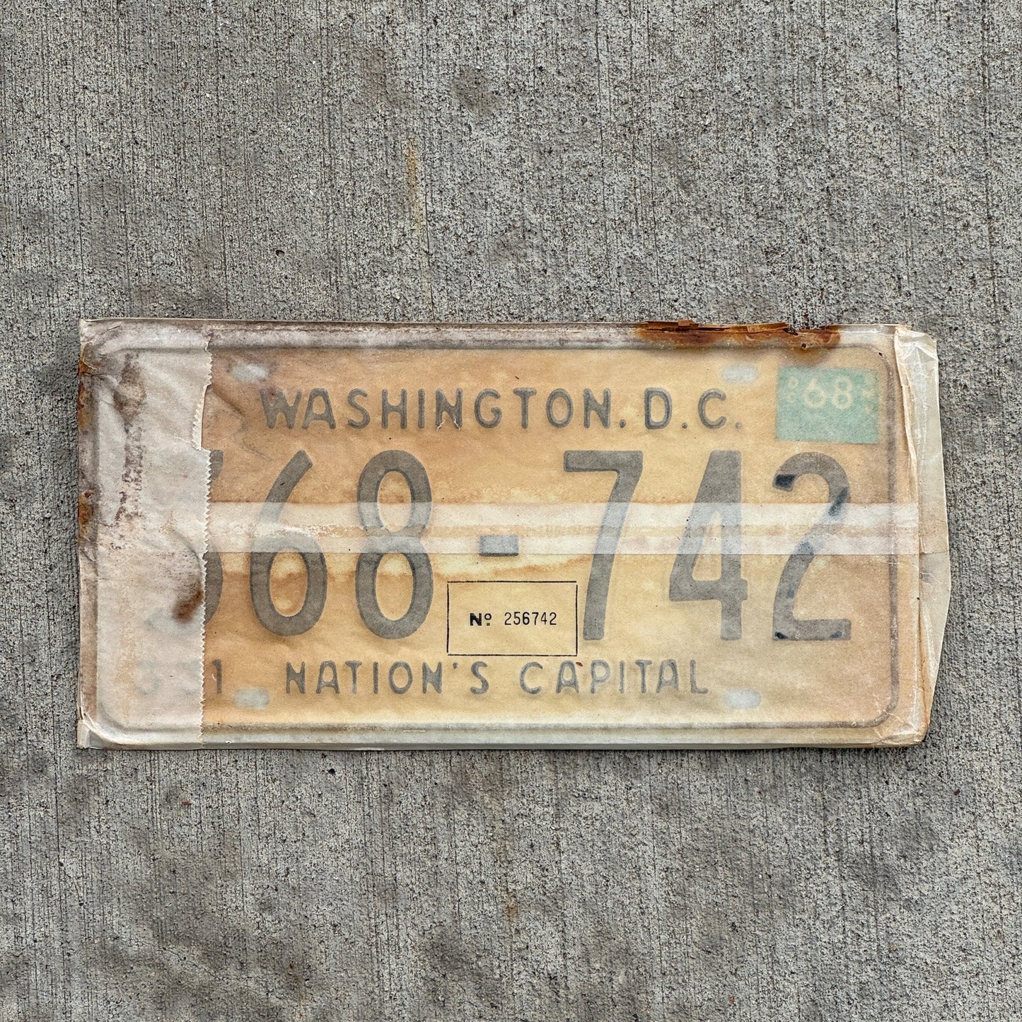 Photo of a 1967 1968 Washington DC License Plate Pair Auto Tag Garage Decor Vintage with Envelope 368 742 with original patina