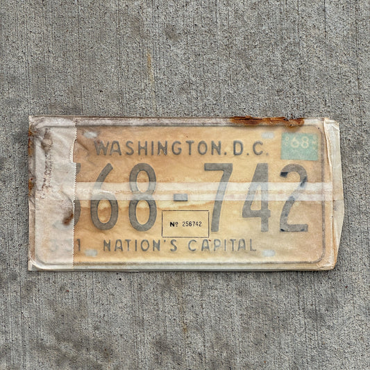 Photo of a 1967 1968 Washington DC License Plate Pair Auto Tag Garage Decor Vintage with Envelope 368 742 with original patina