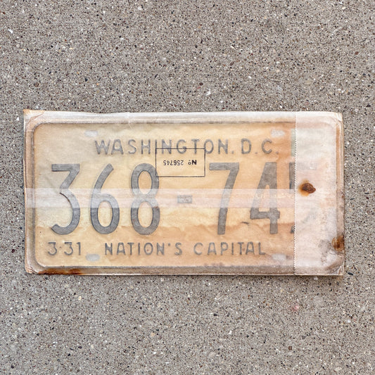 Photo of a 1967 1968 Washington DC License Plate Pair Auto Tag Garage Decor Vintage with Envelope 368 745 with original patina