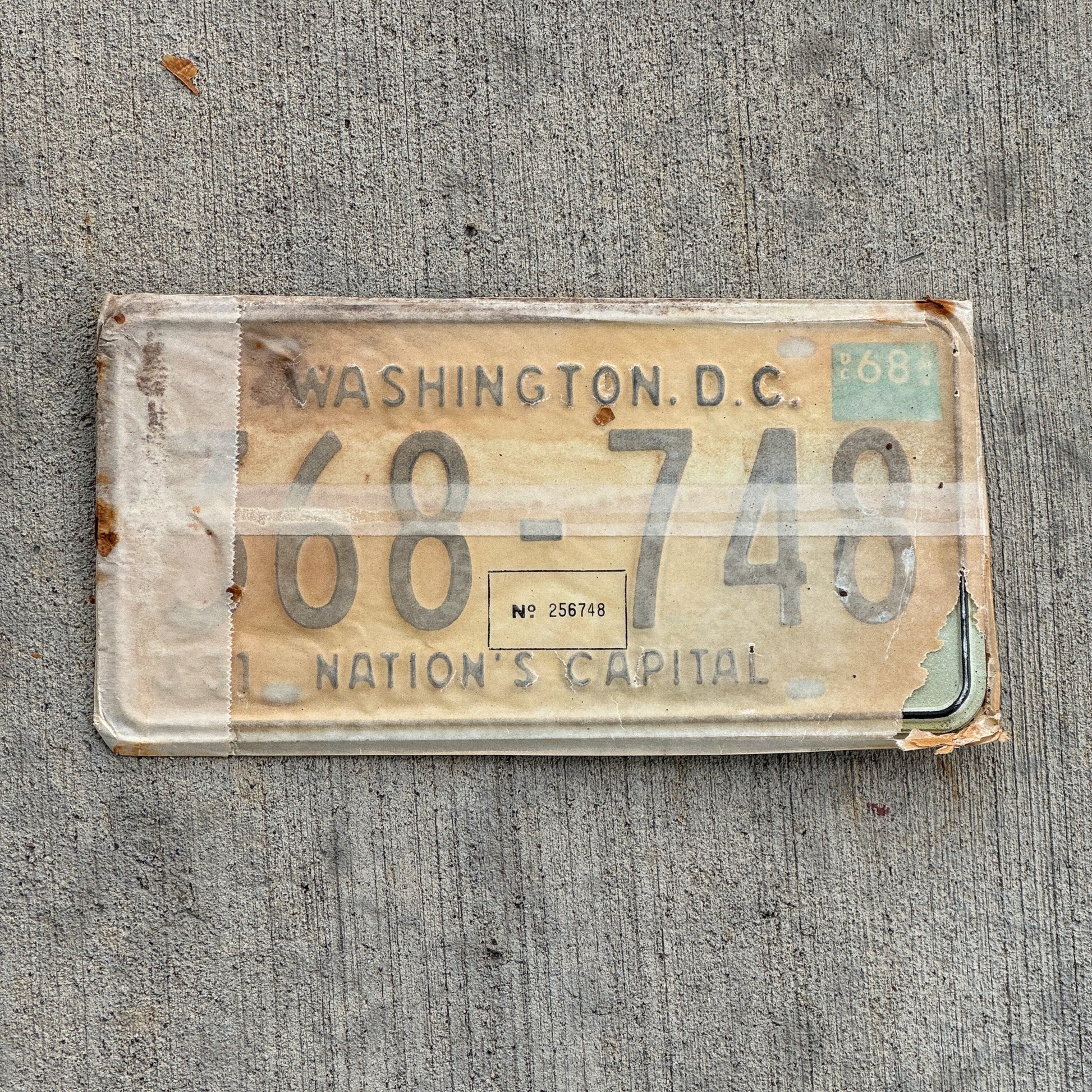 Photo of a 1967 1968 Washington DC License Plate Pair Auto Tag Garage Decor Vintage with Envelope 368 748 with original patina