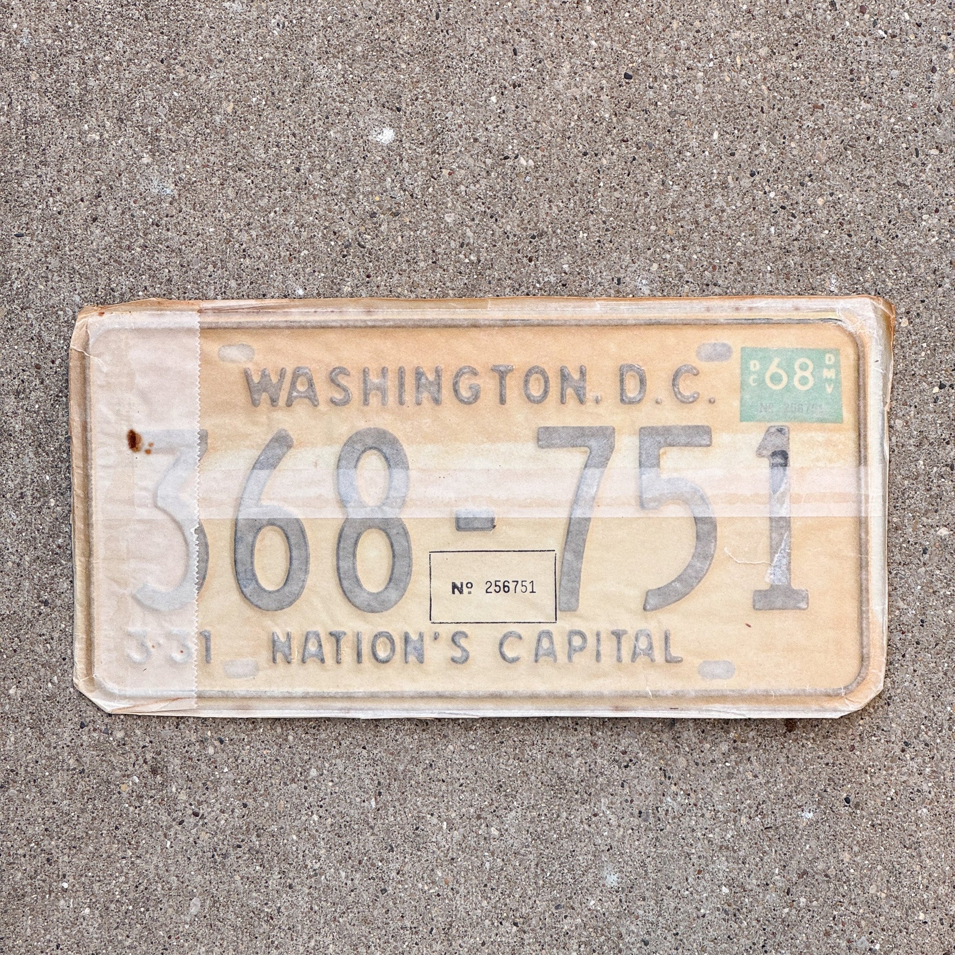 Photo of a 1967 1968 Washington DC License Plate Pair Auto Tag Garage Decor Vintage with Envelope 368 751 with original patina