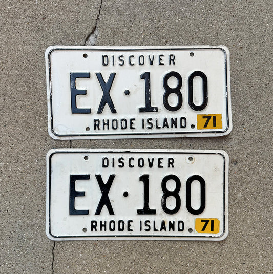 Photo of a 1967 1971 Rhode Island License Plate Pair Auto Tag Garage Decor Vintage EX 180 with original patina