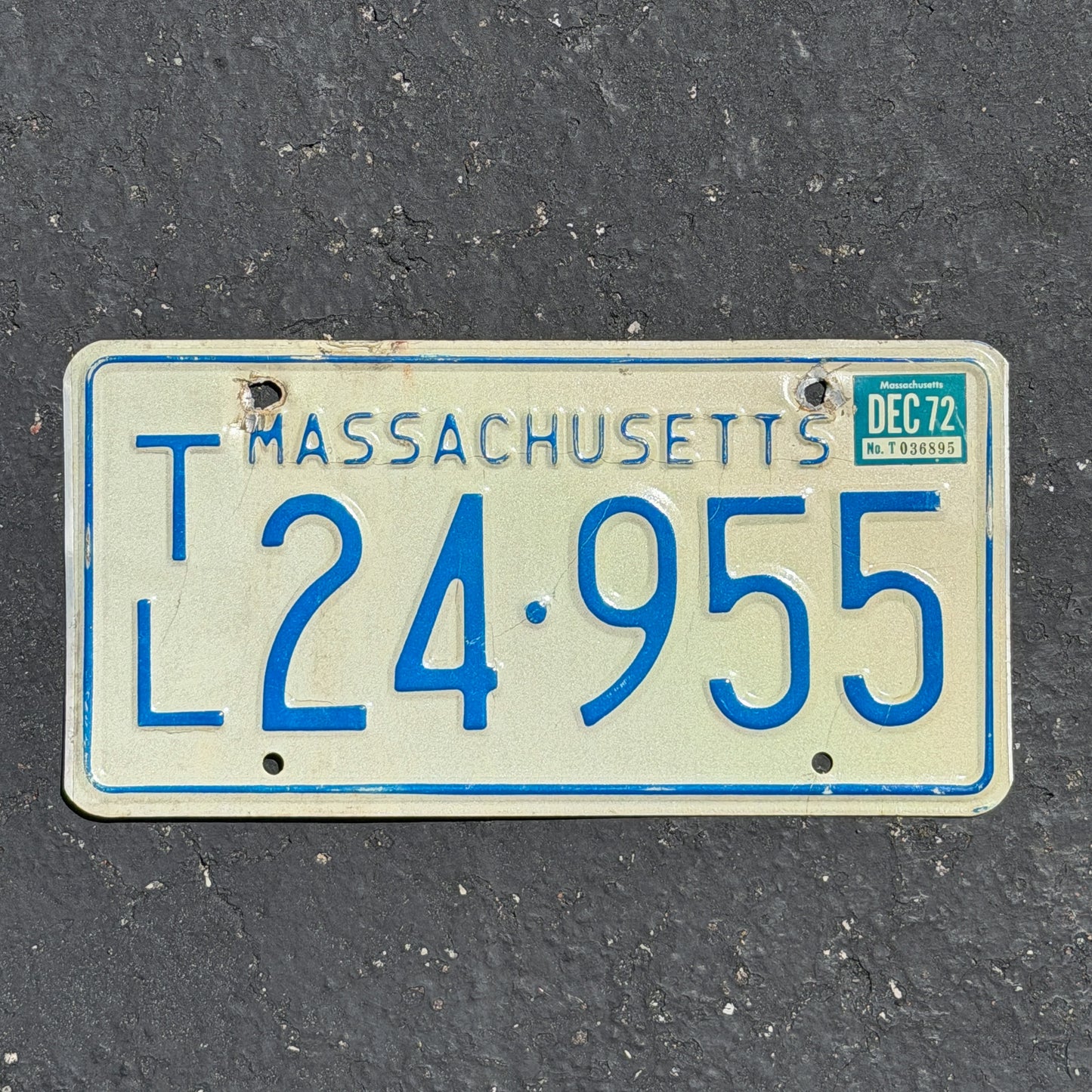 Photo of a 1967 1972 Massachusetts Trailer License Plate Auto Tag Garage Decor Vintage TL 24 955 with original patina