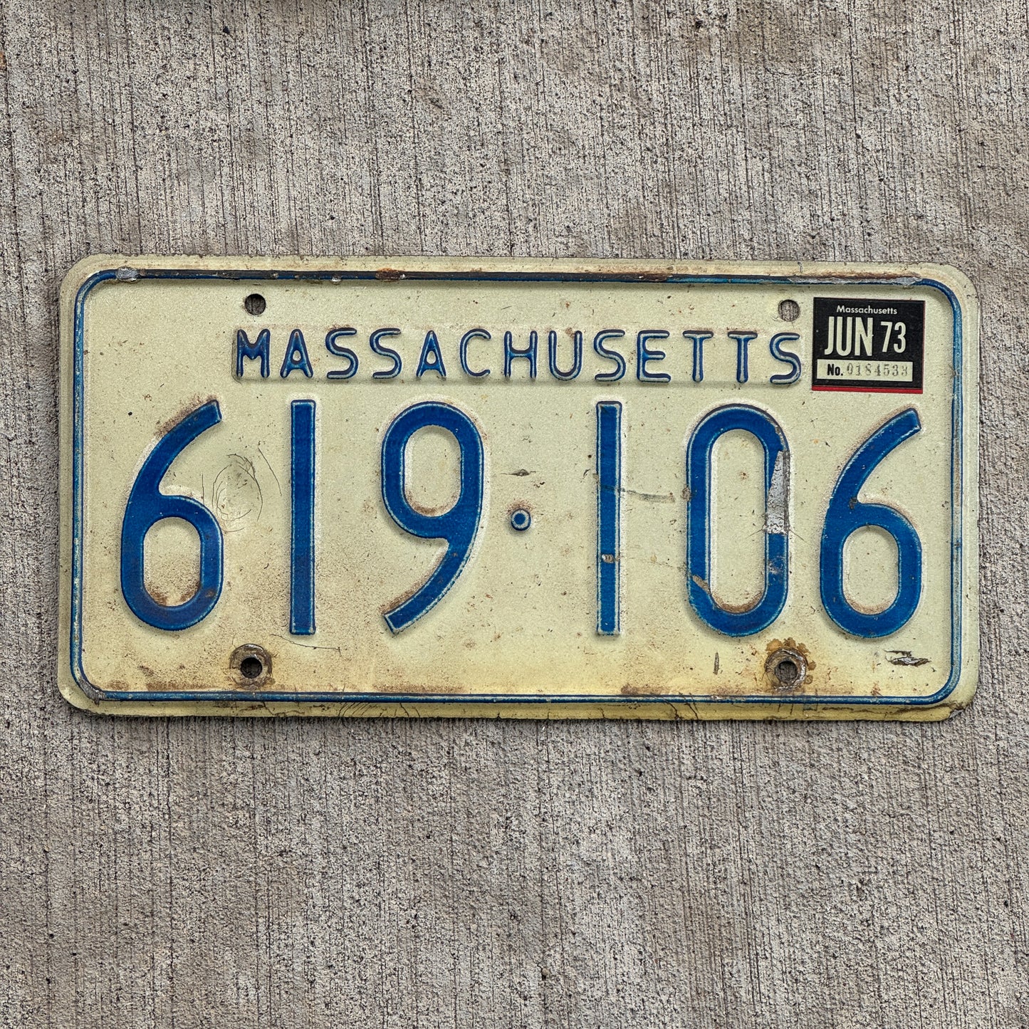 Photo of a 1967 1973 Massachusetts License Plate Auto Tag Garage Decor Vintage 619 106 with original patina