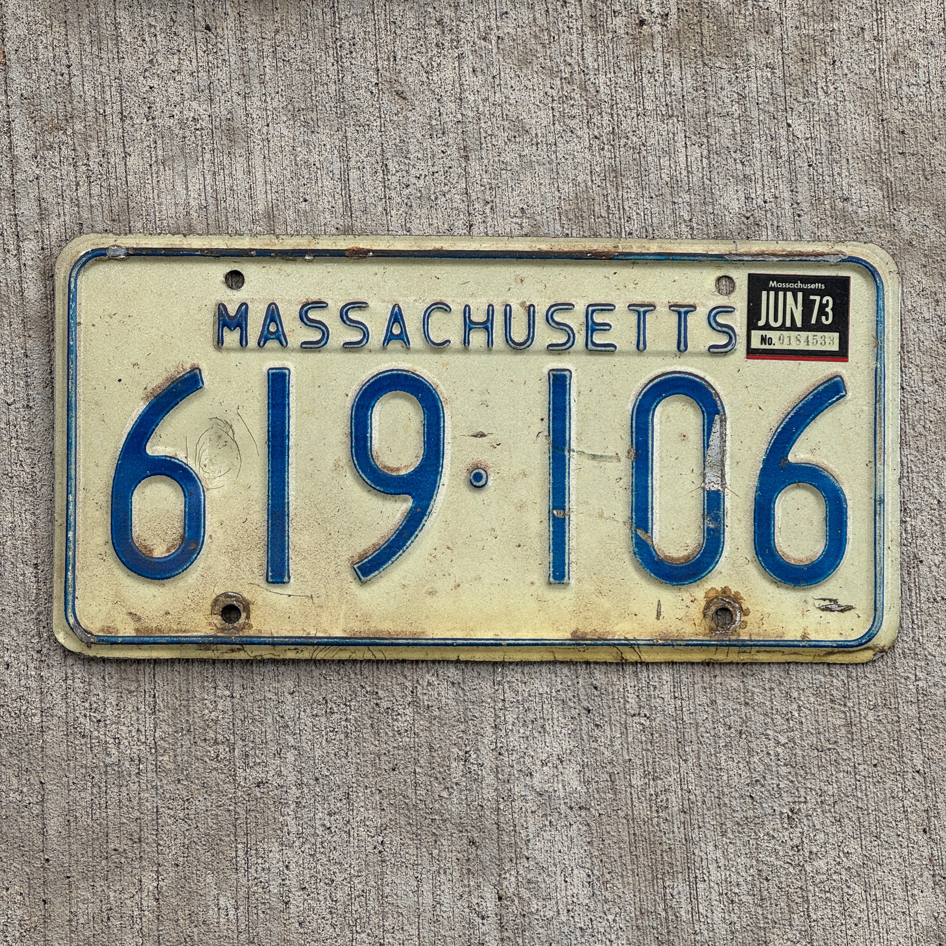 Photo of a 1967 1973 Massachusetts License Plate Auto Tag Garage Decor Vintage 619 106 with original patina