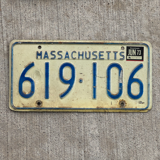 Photo of a 1967 1973 Massachusetts License Plate Auto Tag Garage Decor Vintage 619 106 with original patina