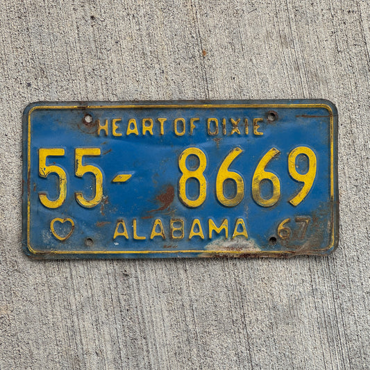 Photo of a 1967 Alabama License Plate Auto Tag Garage Decor Vintage 55 8669 with original patina