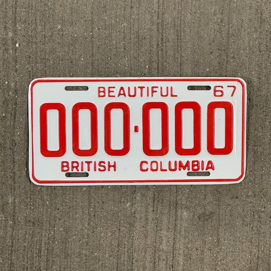 Photo of a 1967 British Columbia SAMPLE License Plate Auto Tag Garage Decor Vintage 000 000