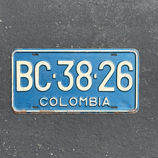 Photo of a 1967 Colombia License Plate Auto Tag Garage Decor Vintage BC 38 26 with original patina