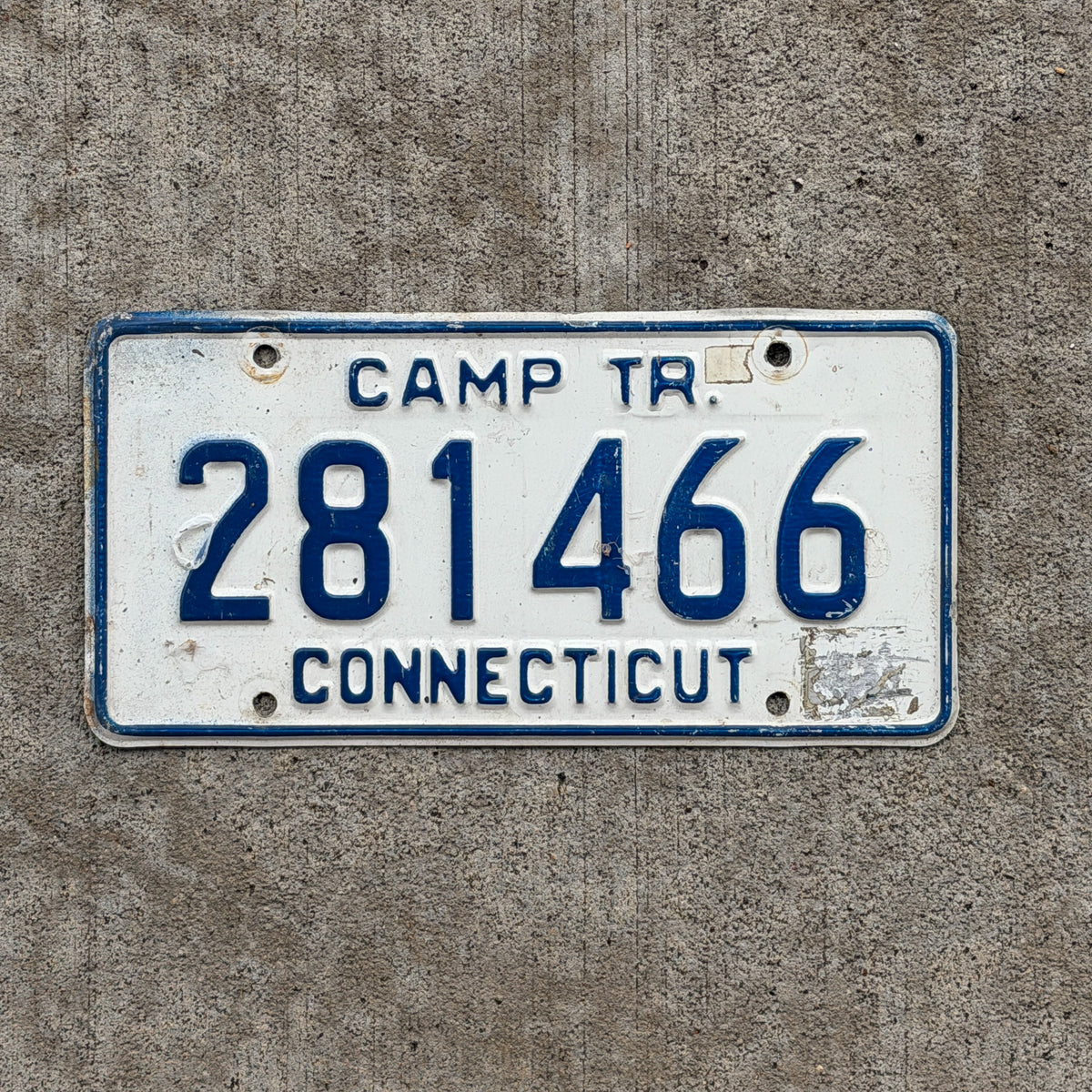Photo of a 1967 Connecticut Camp Trailer License Plate Auto Tag Garage Decor Vintage 281 466 with original patina