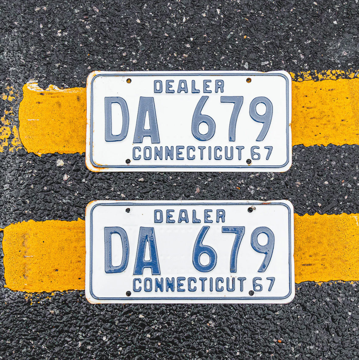 Photo of a 1967 Connecticut Dealer License Plate Pair Auto Tag Garage Decor Vintage DA 679 with original patina