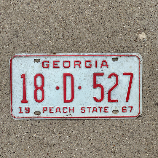 Photo of a 1967 Georgia License Plate Auto Tag Garage Decor Vintage 18 D 527 with original patina