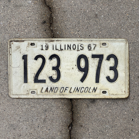 Photo of a 1967 Illinois License Plate Auto Tag 1 Vintage Garage 123 973 with original patina