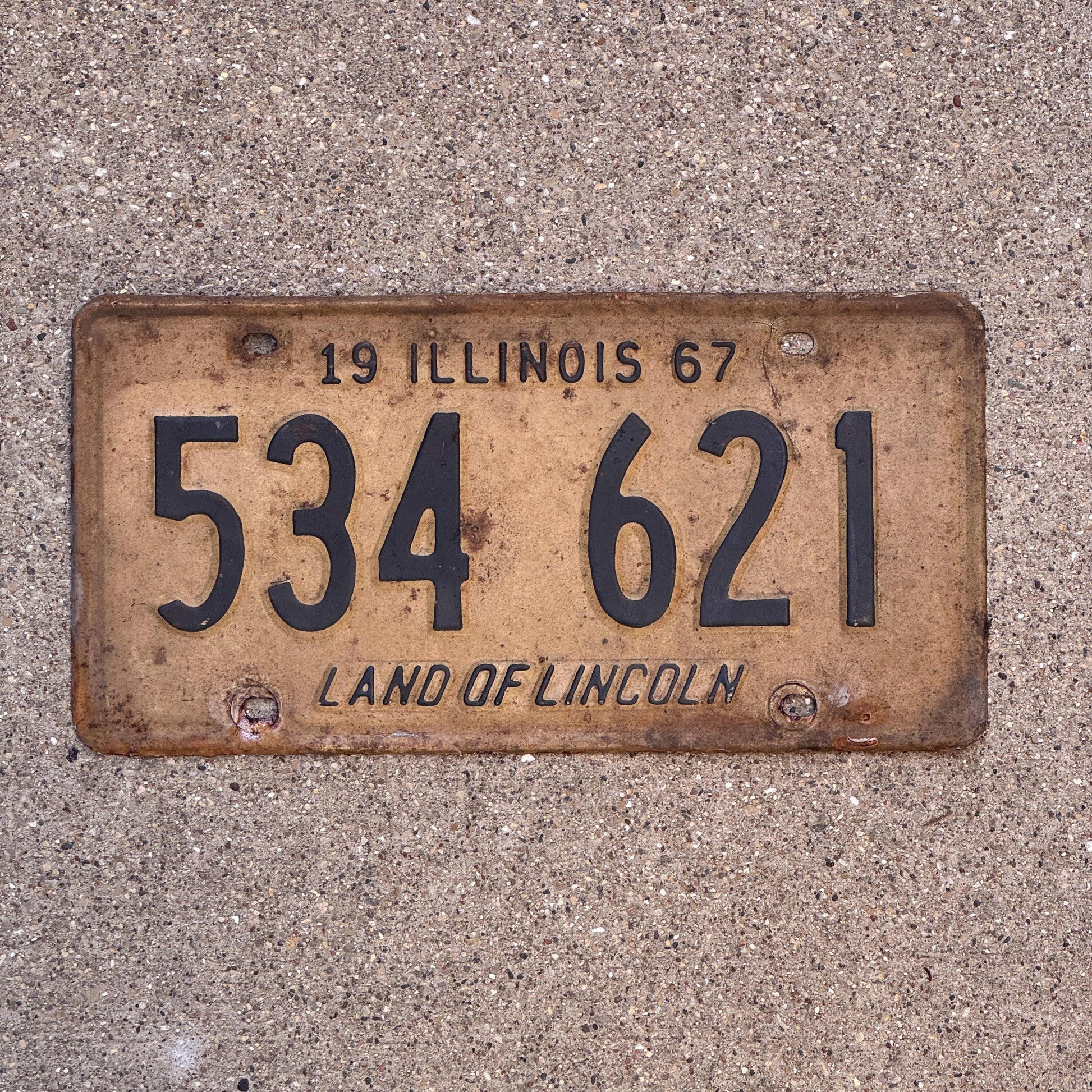 Photo of a 1967 Illinois License Plate Auto Tag 1 Vintage Garage 534 621 with original patina