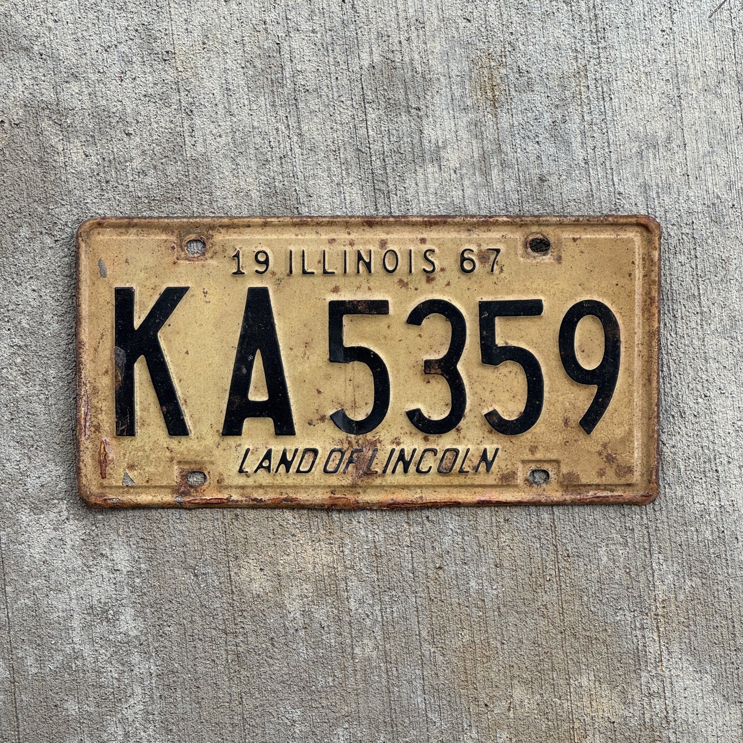Photo of a 1967 Illinois License Plate Auto Tag 1 Vintage Garage KA 5359 with original patina