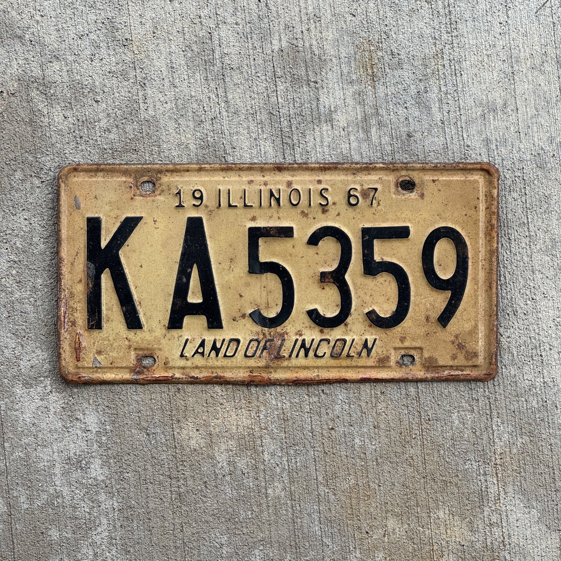Photo of a 1967 Illinois License Plate Auto Tag 1 Vintage Garage KA 5359 with original patina