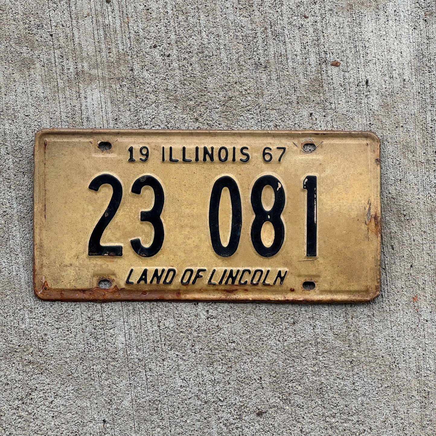 Photo of a 1967 Illinois License Plate Auto Tag 2 Vintage Garage 23 081 with original patina