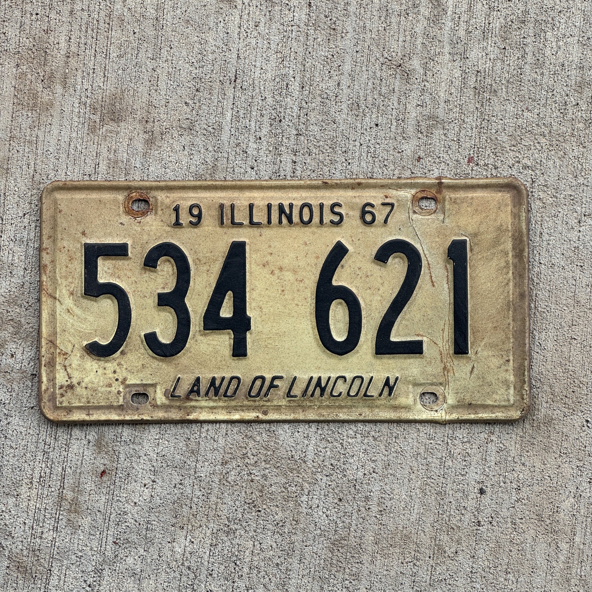 Photo of a 1967 Illinois License Plate Auto Tag 2 Vintage Garage 534 621 with original patina