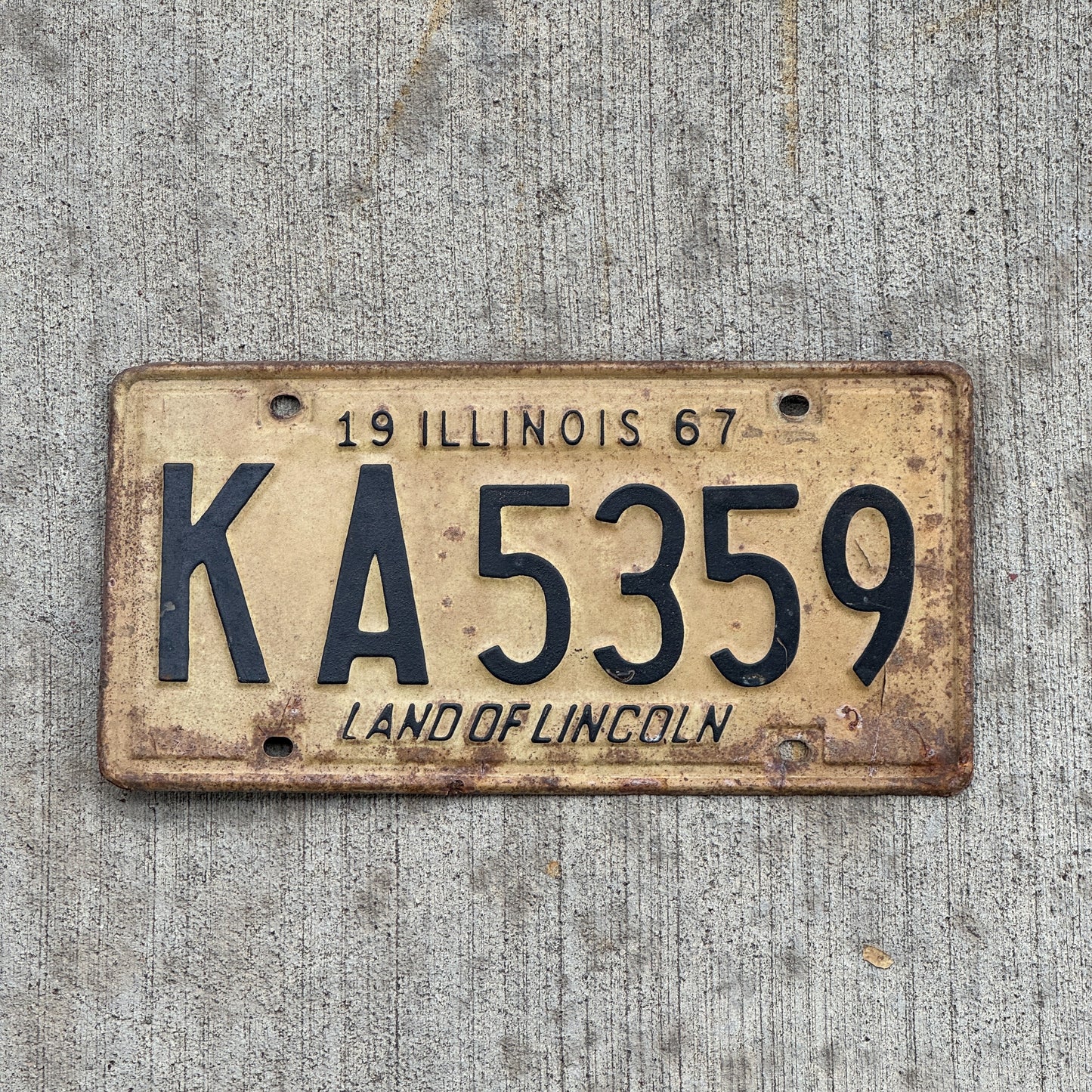 Photo of a 1967 Illinois License Plate Auto Tag 2 Vintage Garage KA 5359 with original patina