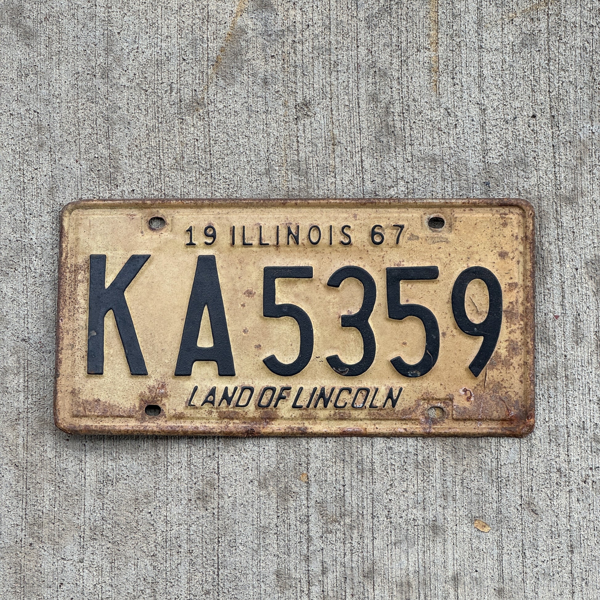 Photo of a 1967 Illinois License Plate Auto Tag 2 Vintage Garage KA 5359 with original patina
