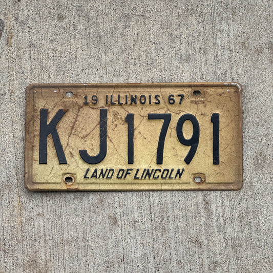 Photo of a 1967 Illinois License Plate Auto Tag Garage Decor Vintage KJ 1791 with original patina