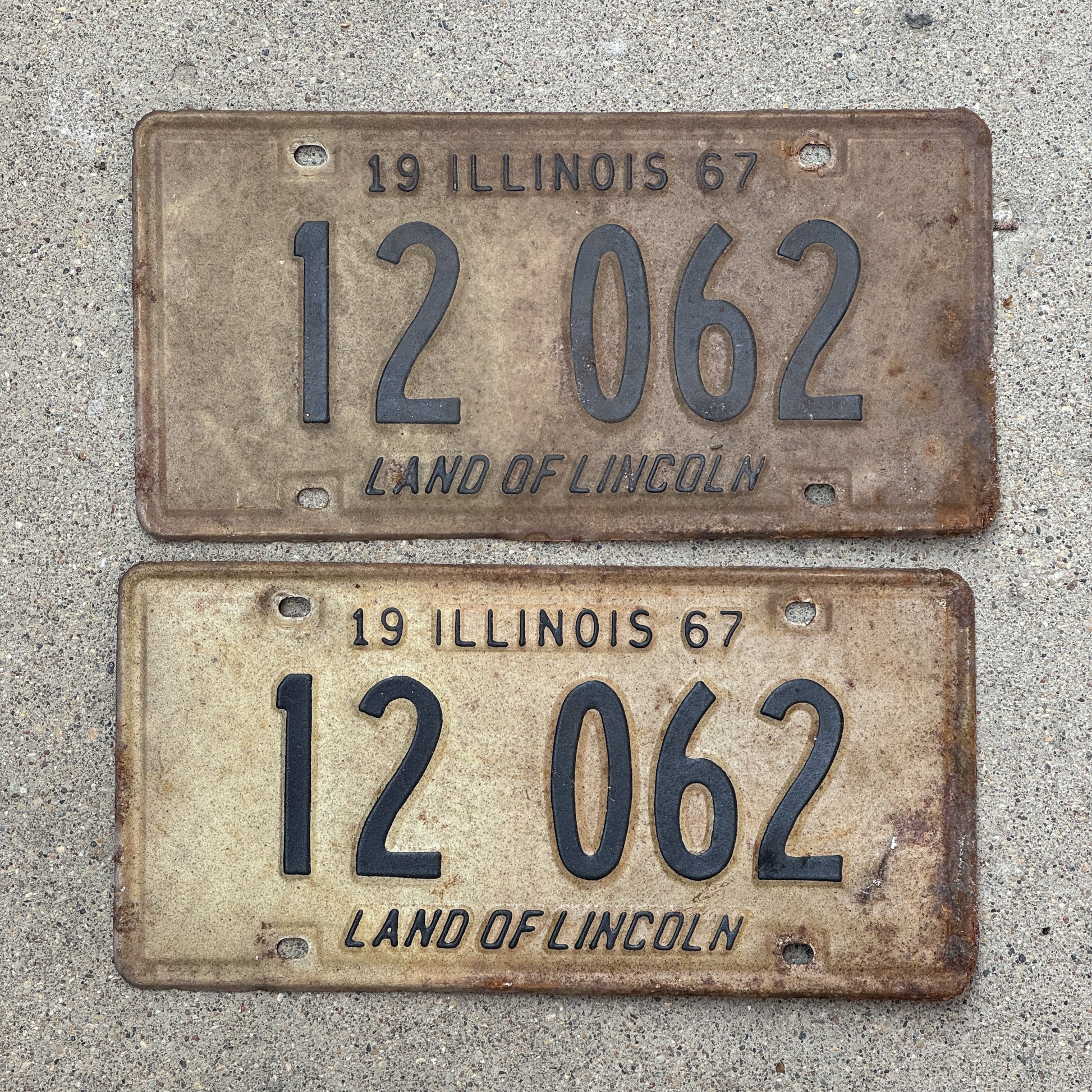 Photo of a 1967 Illinois License Plate Pair Auto Tag Garage Decor Vintage 12 062 with original patina