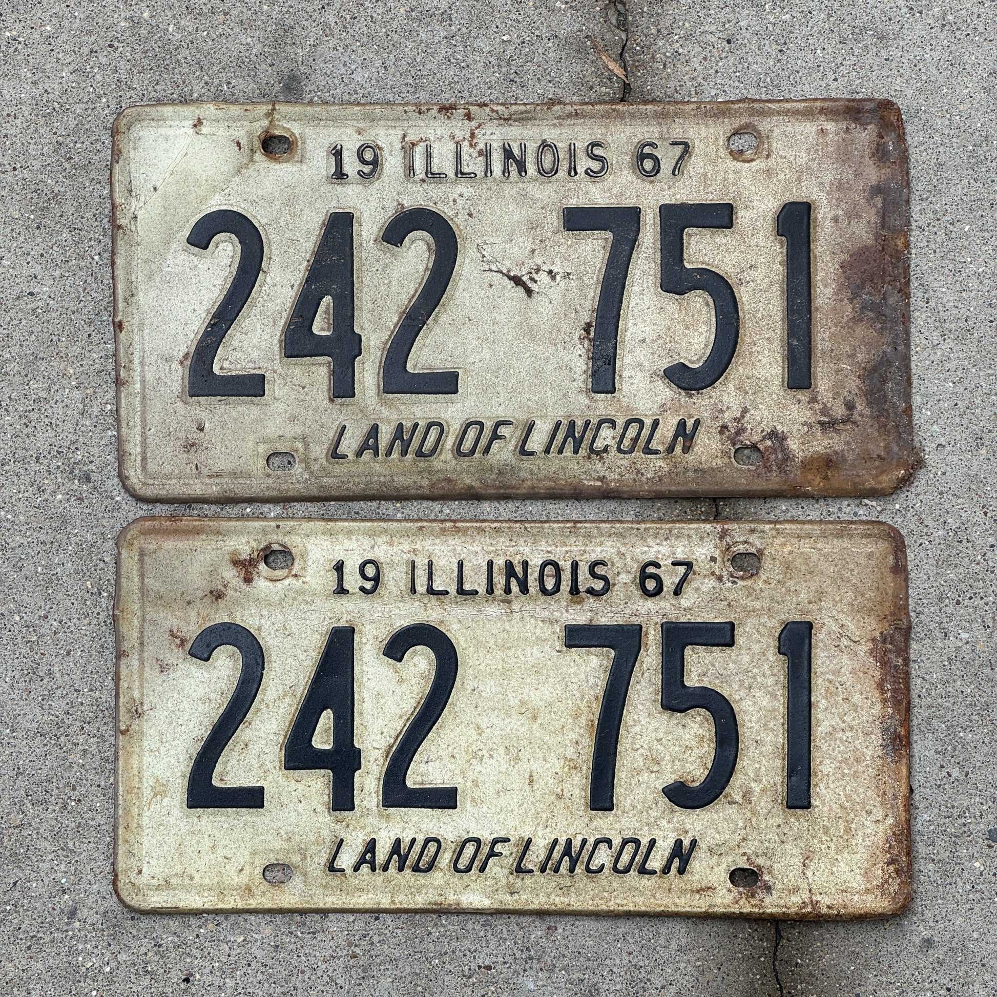 Photo of a 1967 Illinois License Plate Pair Auto Tag Garage Decor Vintage 242 751 with original patina