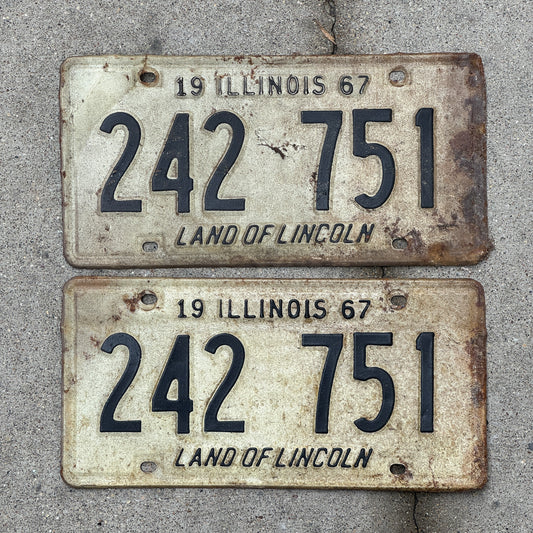 Photo of a 1967 Illinois License Plate Pair Auto Tag Garage Decor Vintage 242 751 with original patina