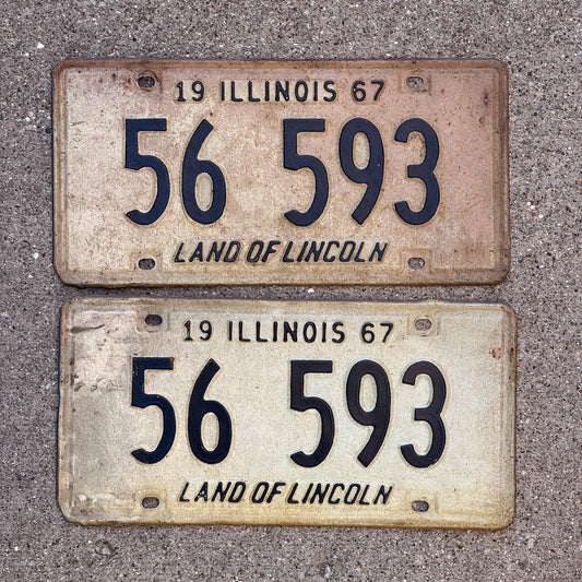 Photo of a 1967 Illinois License Plate Pair Auto Tag Garage Decor Vintage 56 593 with original patina