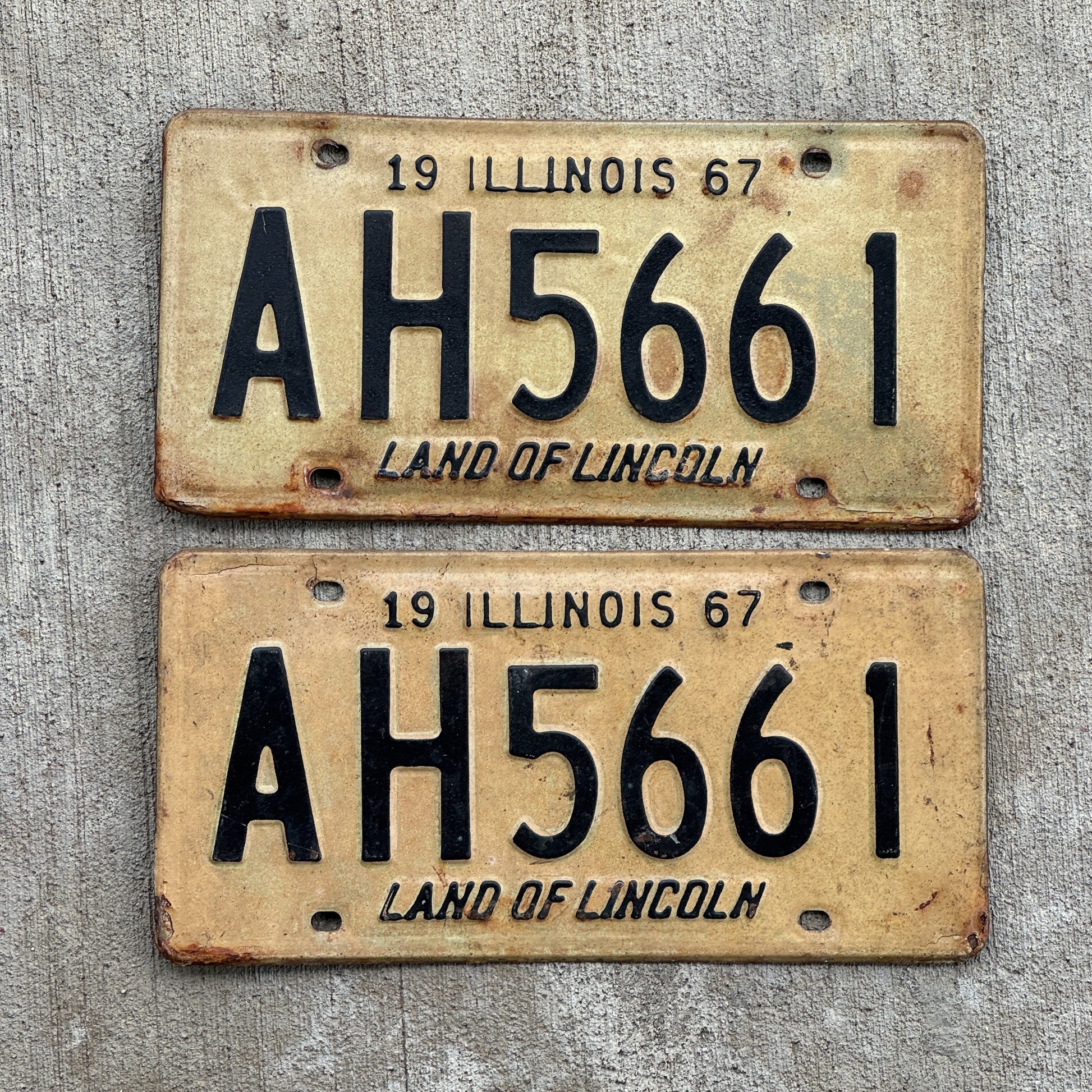 Photo of a 1967 Illinois License Plate Pair Auto Tag Garage Decor Vintage AH 5661 with original patina