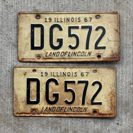 Photo of a 1967 Illinois License Plate Pair Auto Tag Garage Decor Vintage DG 572 with original patina
