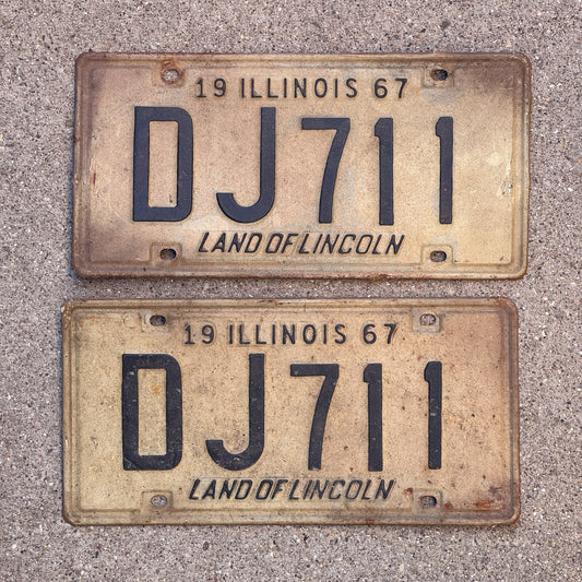 Photo of a 1967 Illinois License Plate Pair Auto Tag Garage Decor Vintage DJ 711 with original patina