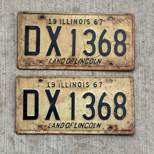 Photo of a 1967 Illinois License Plate Pair Auto Tag Garage Decor Vintage DX 1368 with original patina
