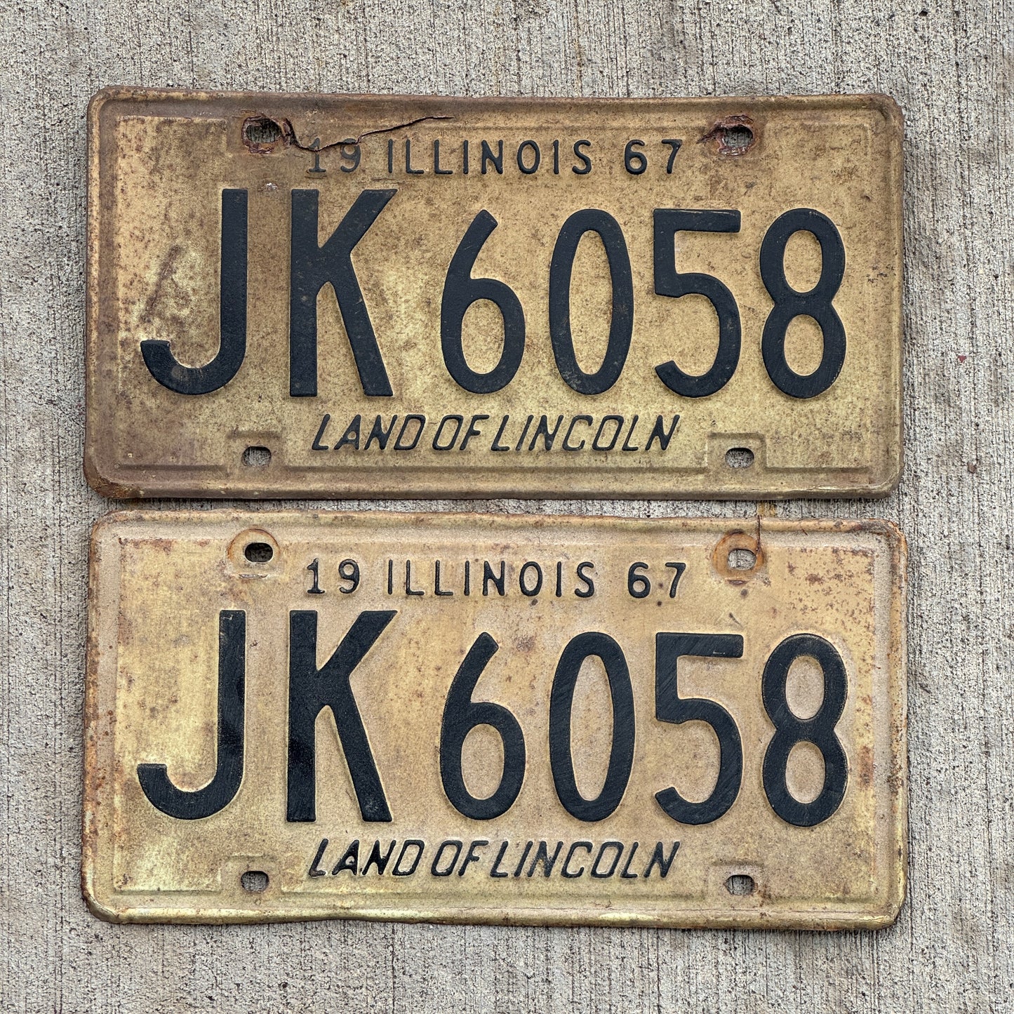 Photo of a 1967 Illinois License Plate Pair Auto Tag Garage Decor Vintage JK 6058 with original patina
