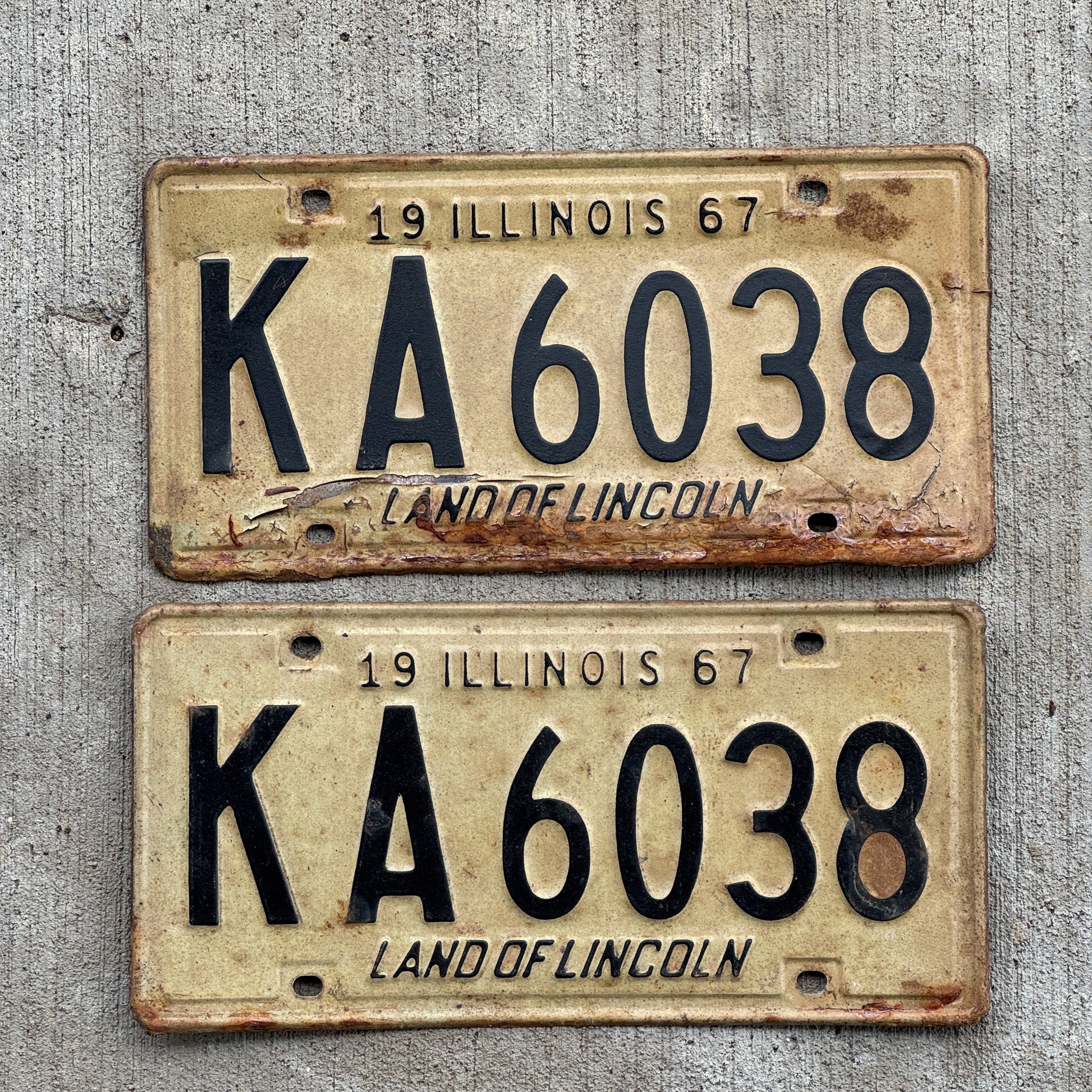 Photo of a 1967 Illinois License Plate Pair Auto Tag Garage Decor Vintage KA 6038 with original patina