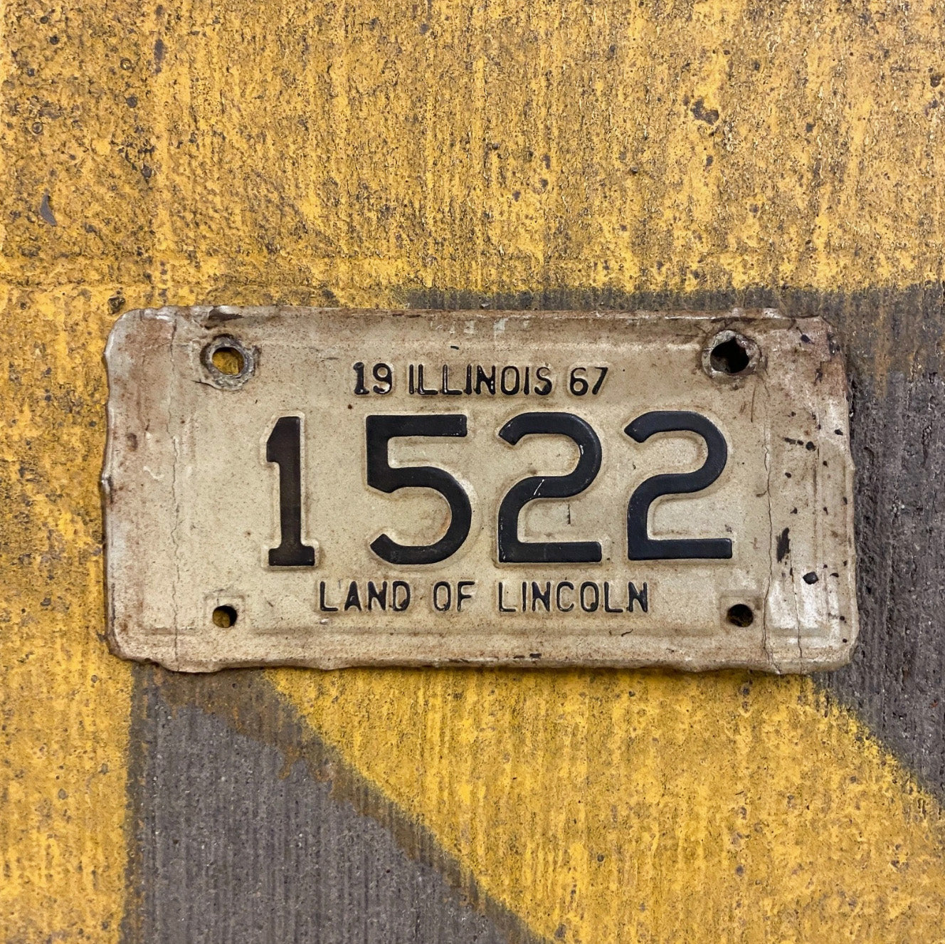 Photo of a 1967 Illinois Motorcycle License Plate Auto Tag Garage Decor Vintage 1522 with original patina