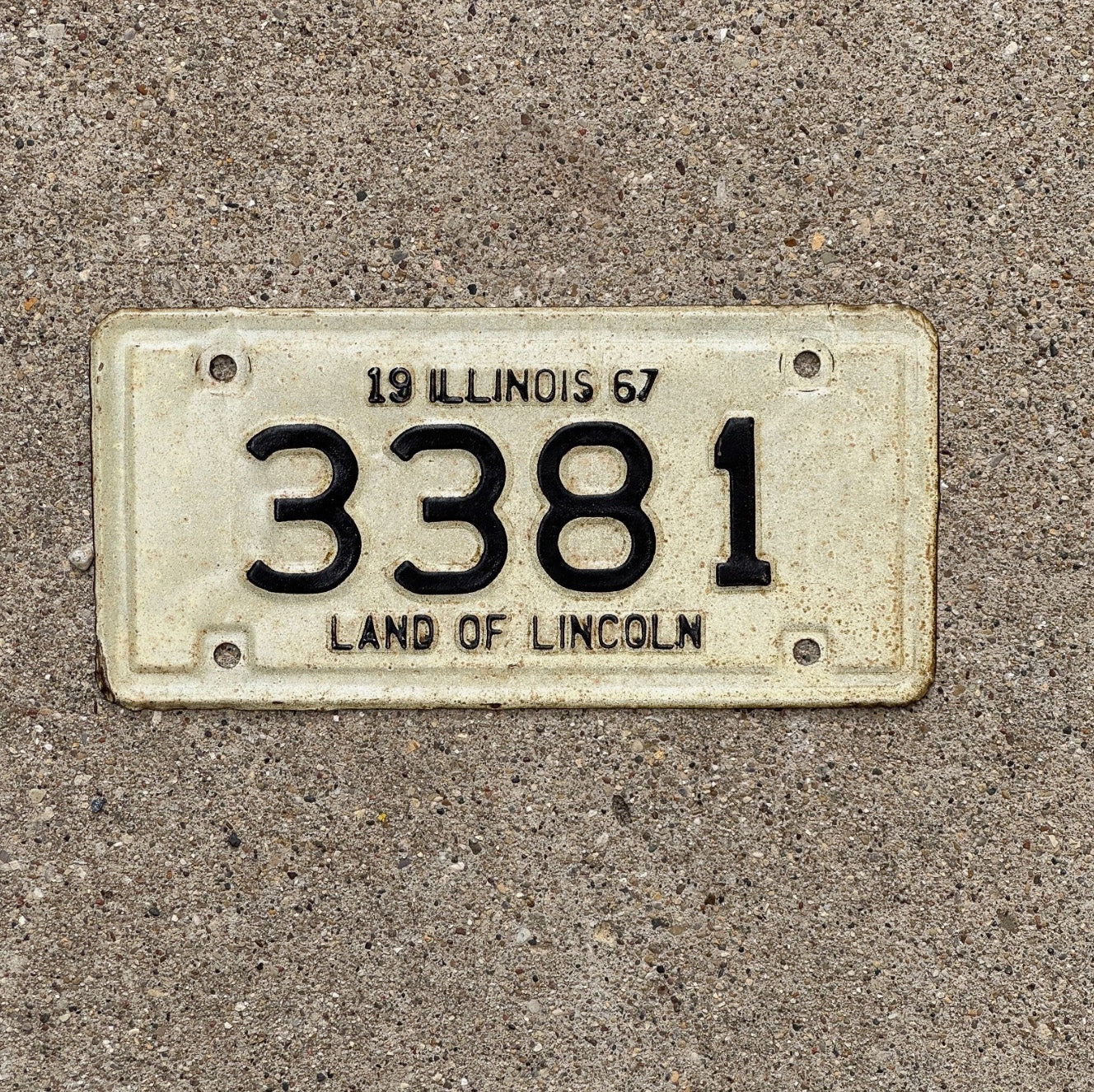 Photo of a 1967 Illinois Motorcycle License Plate Auto Tag Garage Decor Vintage 3381 with original patina