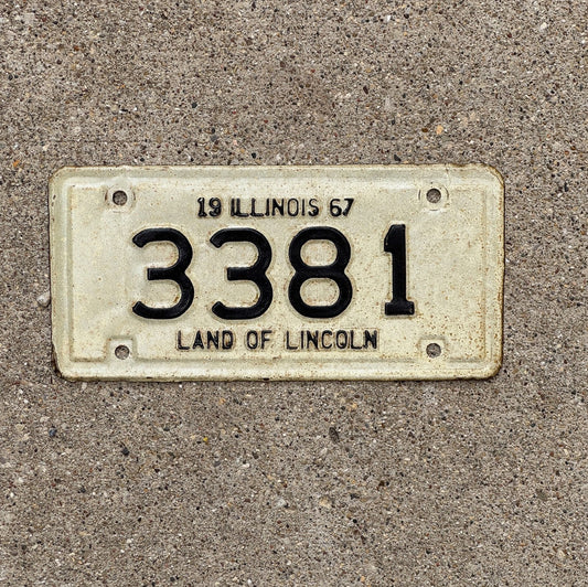 Photo of a 1967 Illinois Motorcycle License Plate Auto Tag Garage Decor Vintage 3381 with original patina