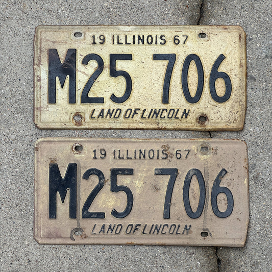 Photo of a 1967 Illinois Municipal License Plate Pair Auto Tag Garage Decor Vintage M 25 706 with original patina