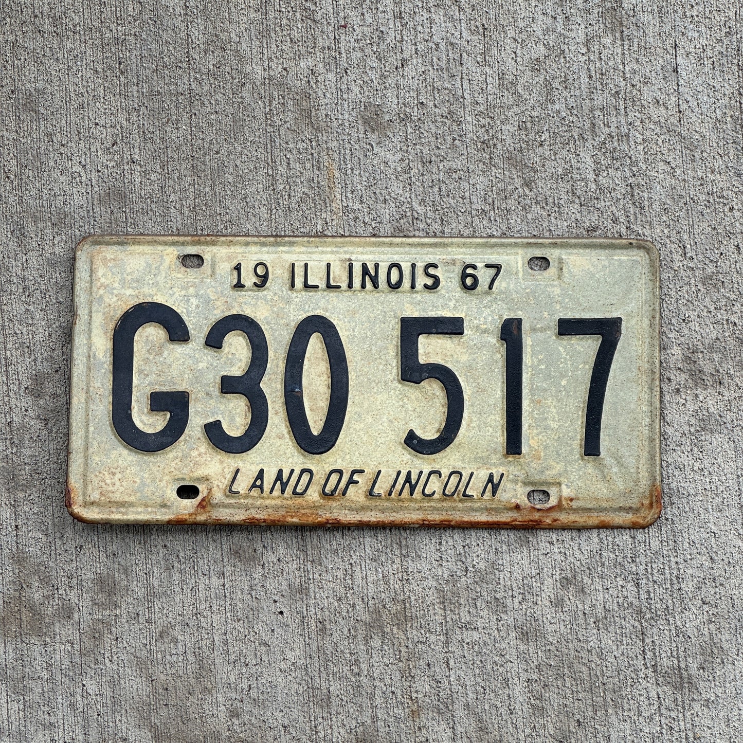 Photo of a 1967 Illinois Truck License Plate Auto Tag 2 Vintage Garage G 30 517 with original patina