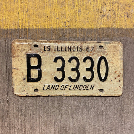 Photo of a 1967 Illinois Truck License Plate Auto Tag Garage Decor Vintage 333 Repeat Repeating B 3330 with original patina