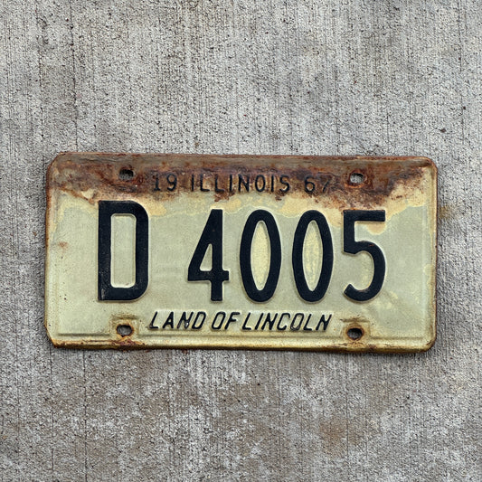 Photo of a 1967 Illinois Truck License Plate Auto Tag Garage Decor Vintage D 4005 with original patina