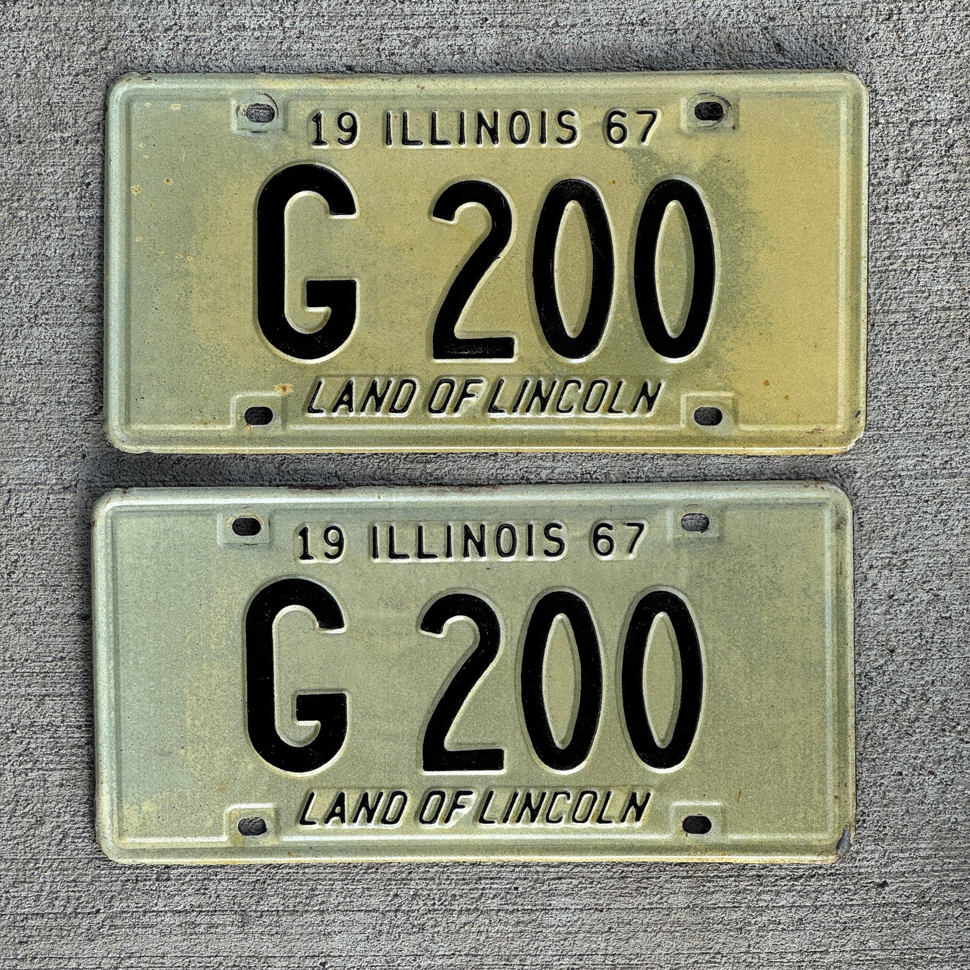 Photo of a 1967 Illinois Truck License Plate Pair Auto Tag Garage Decor Vintage G 200 with original patina
