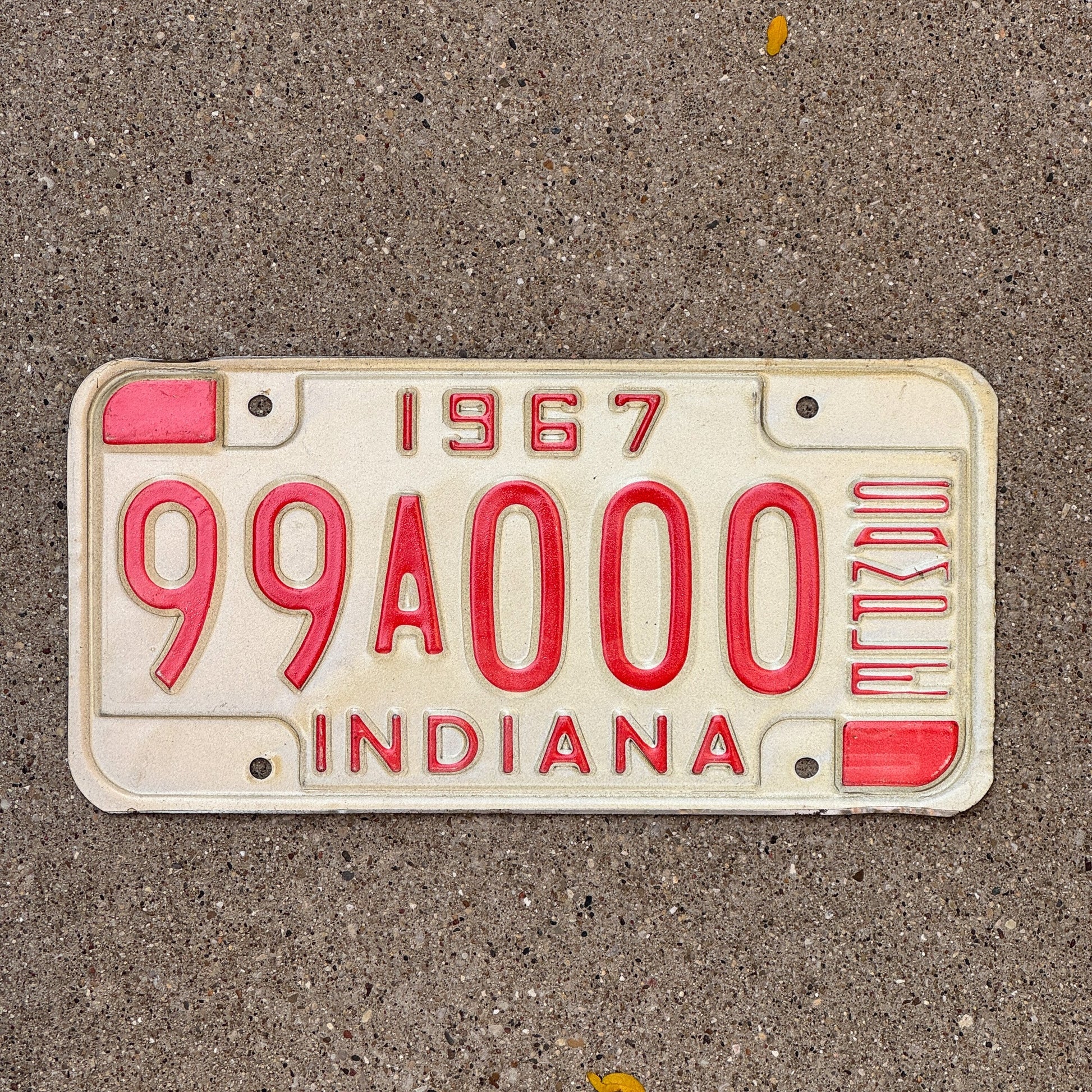 Photo of a 1967 Indiana Sample License Plate Auto Tag 1 Garage Decor 99A000 with original patina